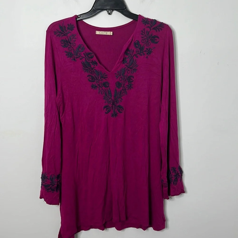 Caite Purple Floral Embroidered Long Sleeve V-neck Tunic